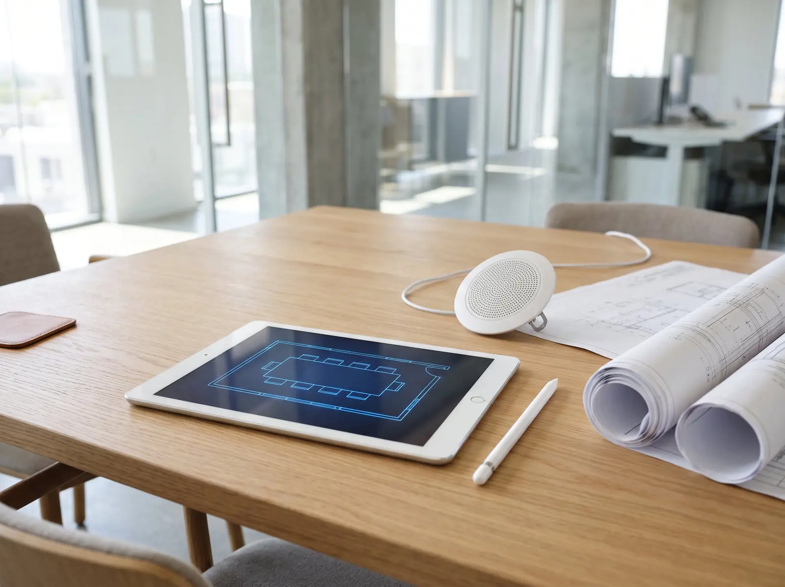 A tablet showing a meeting room floor plan on an oak table, beside rolled drawings and a ceiling microphone