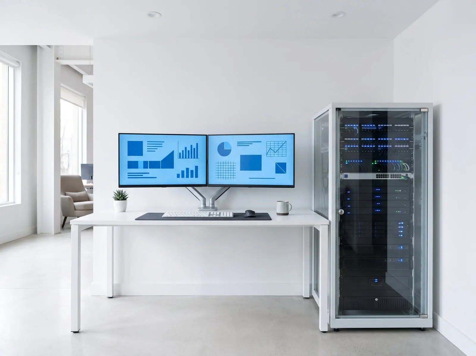 A support desk with two monitors of system charts beside a glass-fronted equipment rack
