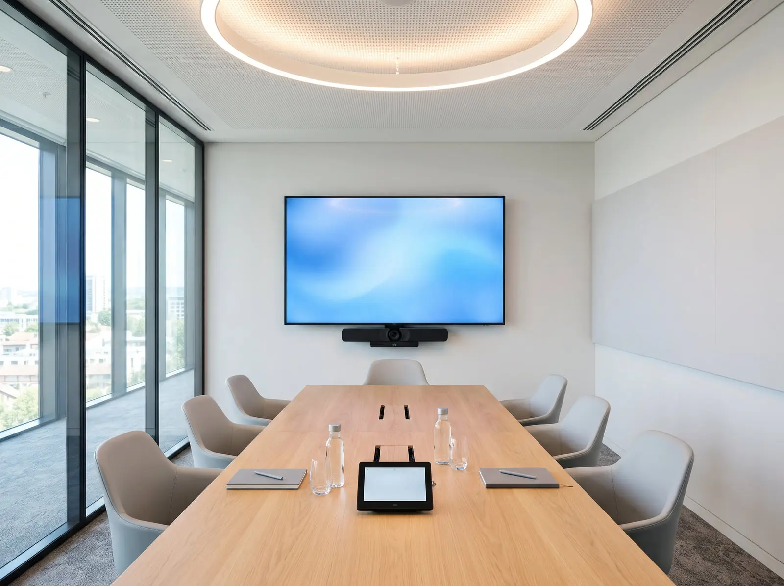 A daylit meeting room with a wall display, a video conferencing bar beneath it and a touch panel on the table