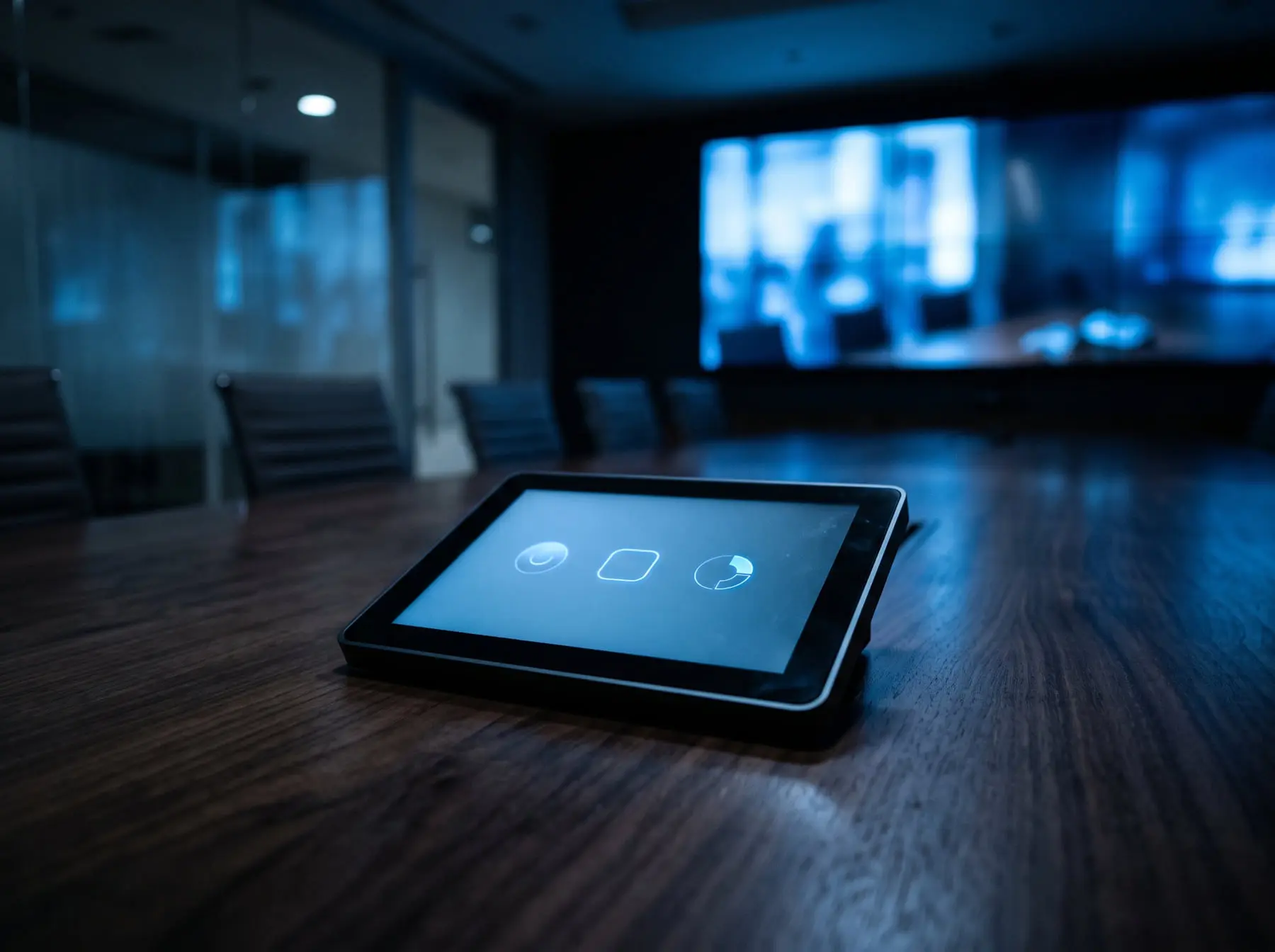 A tabletop touch control panel on a walnut conference table, a video wall glowing out of focus behind it