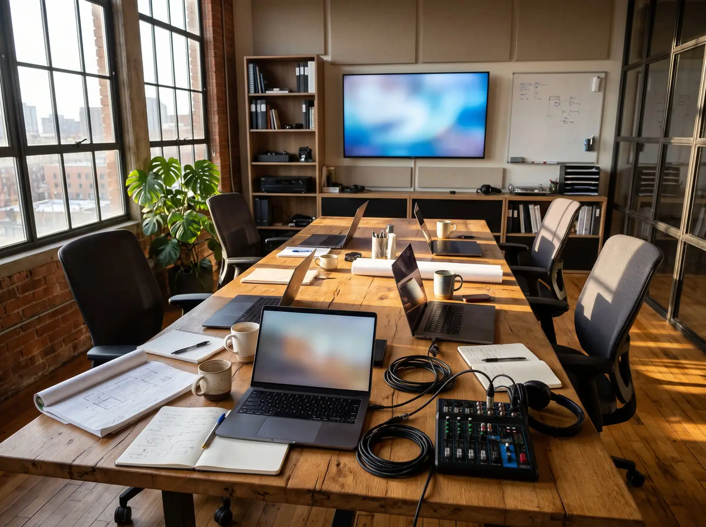 A shared worktable with laptops, notebooks, coffee cups and an audio mixer in a warm, daylit team room